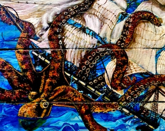 May include: A painting of a ship being attacked by a giant octopus. The ship is white with brown sails and the octopus is brown with blue and white stripes. The background is a blue and green ocean.