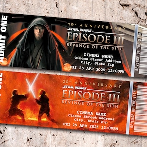 Op de afbeelding: Twee bioscoopkaartjes voor de 20e verjaardag van Star Wars Episode III: Revenge of the Sith. De kaartjes zijn oranje en zwart met een barcode en de tekst "ADMIT ONE" aan de linkerkant. Het bovenste kaartje toont een donker figuur in een zwarte robe, terwijl het onderste kaartje twee figuren in een lightsaber duel laat zien.