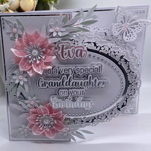 NOVO***** Cartão de aniversário de luxo personalizado para neta/filha, cartão em caixa feito à mão, design exclusivo, flores feitas à mão