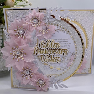 NUEVO**** Personalizado - Tarjeta de aniversario de bodas de oro de lujo en caja, tarjeta de lujo en caja, flores arregladas en la tarjeta, ventana de acetato