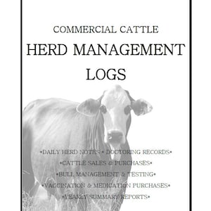 May include: A black and white image of a cow with text that reads "Commercial Cattle Herd Management Logs." The image includes a list of topics such as daily herd notes, doctoring records, cattle sales, and vaccination purchases.