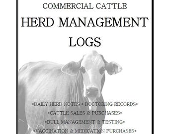 May include: A black and white image of a cow with text that reads "Commercial Cattle Herd Management Logs." The image includes a list of topics such as daily herd notes, doctoring records, cattle sales, and vaccination purchases.