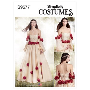 May include: Simplicity S9577 Costumes pattern for a strapless gown with a fitted bodice, full skirt, and long sleeves. The gown is decorated with red roses and a lace-up back. The pattern is designed and printed in the USA.