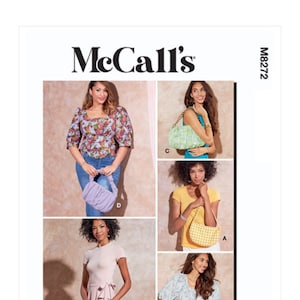May include: McCall's sewing pattern M8272 for a handbag with five different view options. The pattern includes instructions for making a light blue, a light pink, a yellow and white checkered, a light green, and a lavender handbag.