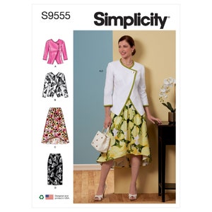May include: Simplicity sewing pattern S9555 for a jacket and skirt. The pattern includes four different styles: a pink jacket, a white jacket with green trim, a floral skirt, and a black and white skirt. The model is wearing the white jacket and floral skirt.