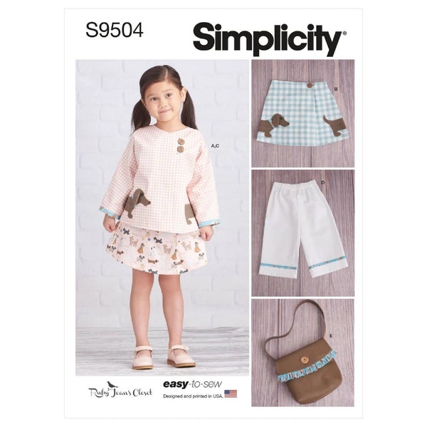 Uncut Simplicity Easy Sewing Pattern S9504 Children's Jacket, Skirt, Cropped Pants, and Purse