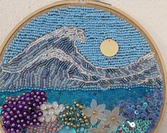 Bead embroidery wave vHokusai inspired, embroidery frame, pearl sequin embroidery, pearl embroidery, home furnishing, beaded embroidery