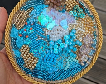 Bead embroidery underwater world, embroidery frame coral reef, pearl sequin embroidery, decoration trend, embroider pearls, beaded embroidery,