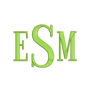 May include: Green embroidered monogram with the letters E, S, and M.