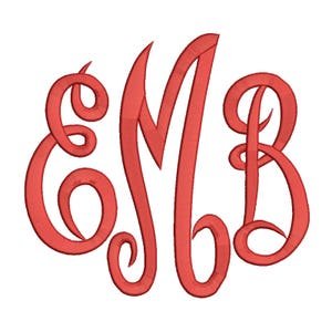 May include: Red monogram with the letters EMB in a cursive script font.