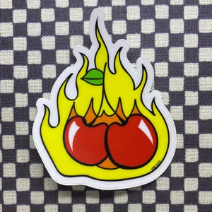 Wild Cherry Flaming Cherry Bomb Vinyl Sticker 90s tumblr tattoo cherry sticker | water bottle hydroflask laptop car decal