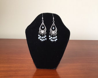 Moonstone and Black Agate Sterling Silver Chandelier Earrings. In the Boho Style