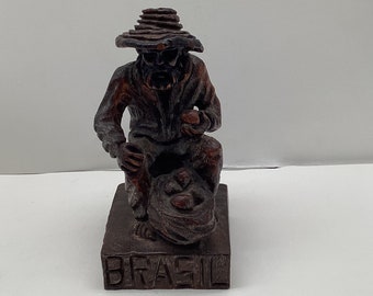 Vintage Hand Carving Dark Wood Man Figure Art Statue Brasil