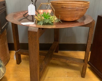 Vintage Copper Tray Wood Side Table MCM