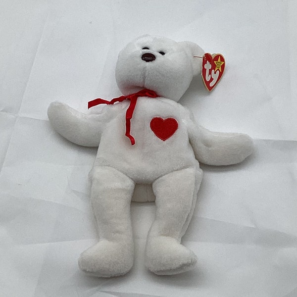 Ty Beanie Baby Valentino White Bear w/ Black Nose Red Heart