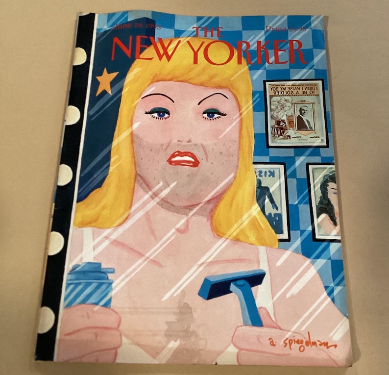 May include: A magazine cover featuring a woman with blonde hair looking at herself in a mirror. The woman is holding a razor and a can of shaving cream. The cover is for The New Yorker magazine.
