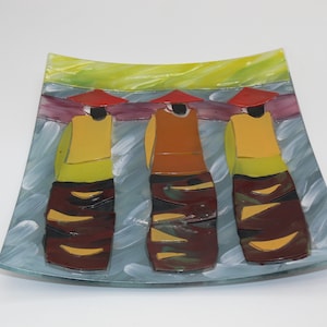 Fused Art Glass Square Decorative Plate Dish Chinese Men