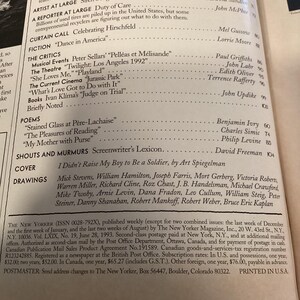 May include: A page from The New Yorker magazine featuring a list of articles and poems. The magazine is dated June 28, 1993. The magazine is printed in the United States.