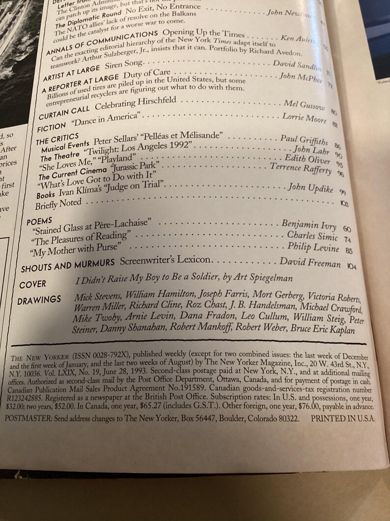May include: A page from The New Yorker magazine featuring a list of articles and poems. The magazine is dated June 28, 1993. The magazine is printed in the United States.