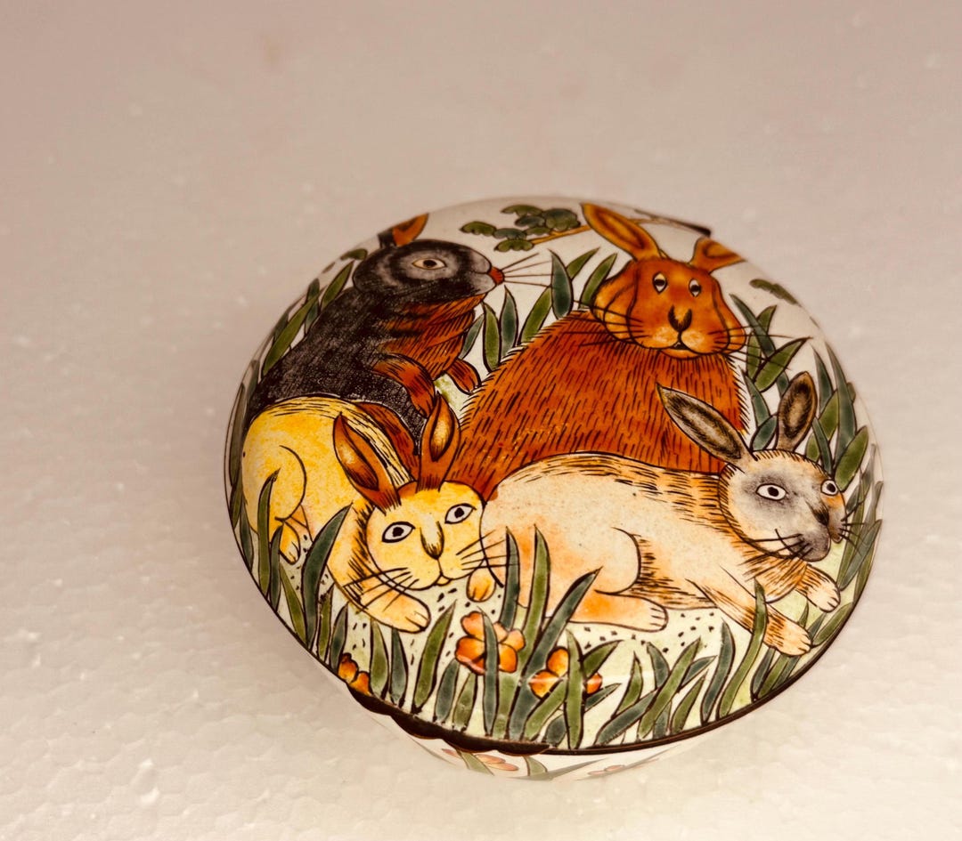 Round Enamel Lidded Trinket Box W Rabbits - Etsy
