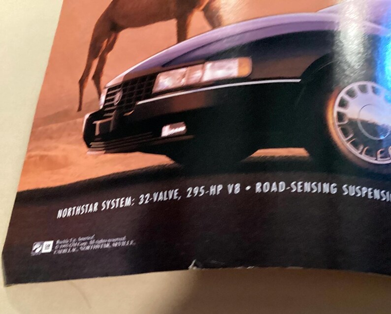 May include: A black Cadillac Sedan DeVille with a Northstar System 32-valve, 295-hp V8 engine and road-sensing suspension. The car is driving on a desert road with a camel in the background.
