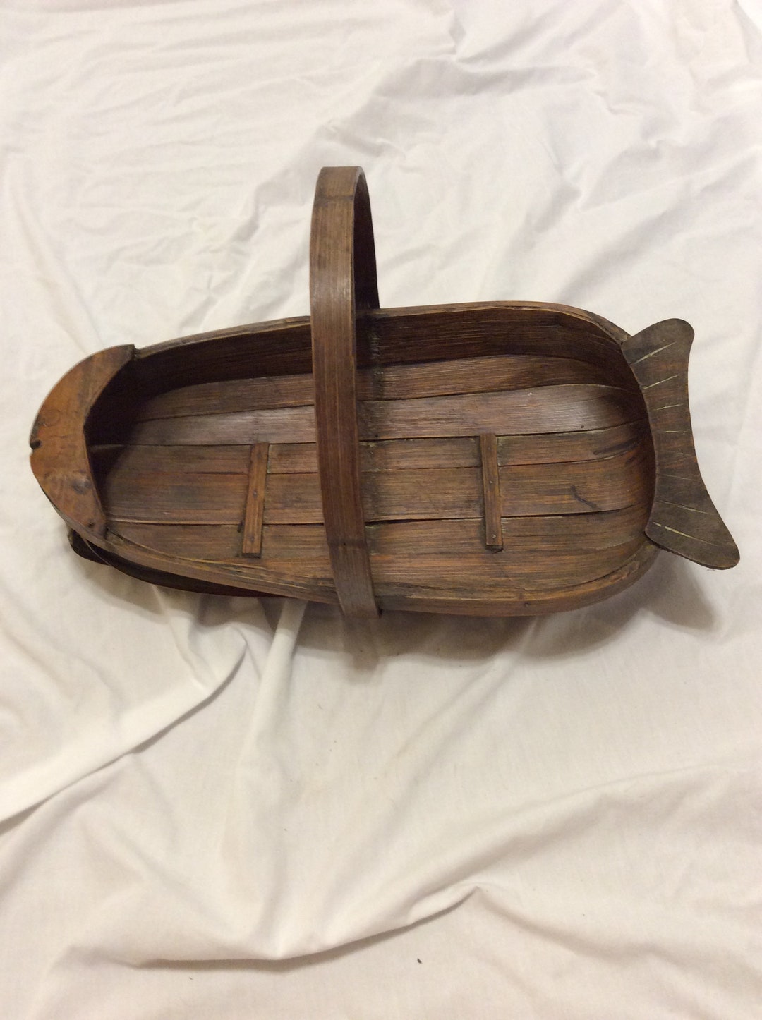 Vintage Bamboo & Wood Fish Basket With Handle Etsy