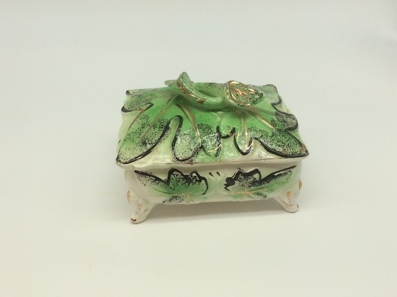 Vintage Green Leaves Nippon Ceramic Jewelry Trinket Box Footed Japan