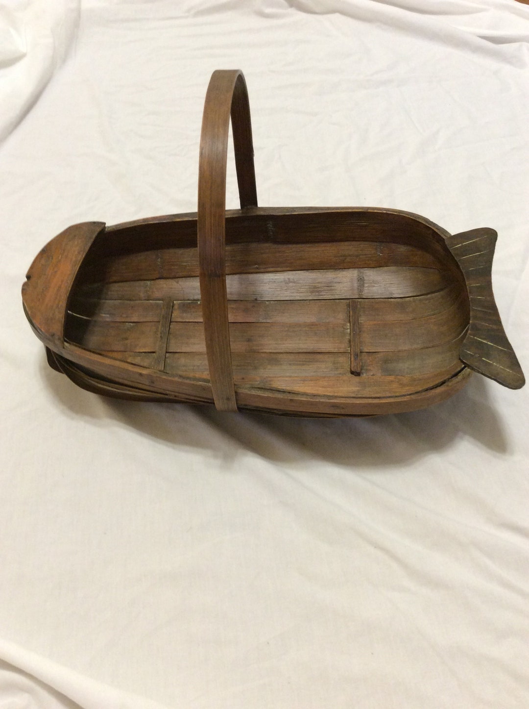 Vintage Bamboo & Wood Fish Basket With Handle Ex Large Etsy