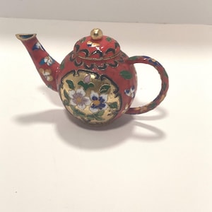 Enamel Cloisonné Miniature Teapot Red Floral