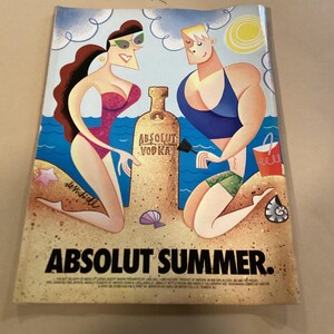 May include: A colorful illustration of two people on a beach with a bottle of Absolut Vodka. The text "Absolut Summer" is printed at the bottom of the image.