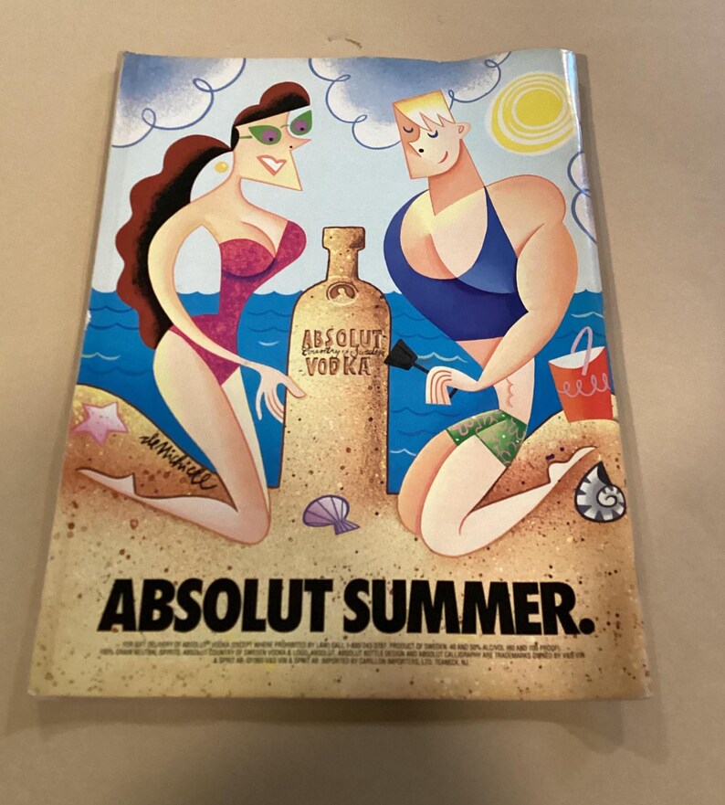May include: A colorful illustration of two people on a beach with a bottle of Absolut Vodka. The text "Absolut Summer" is printed at the bottom of the image.