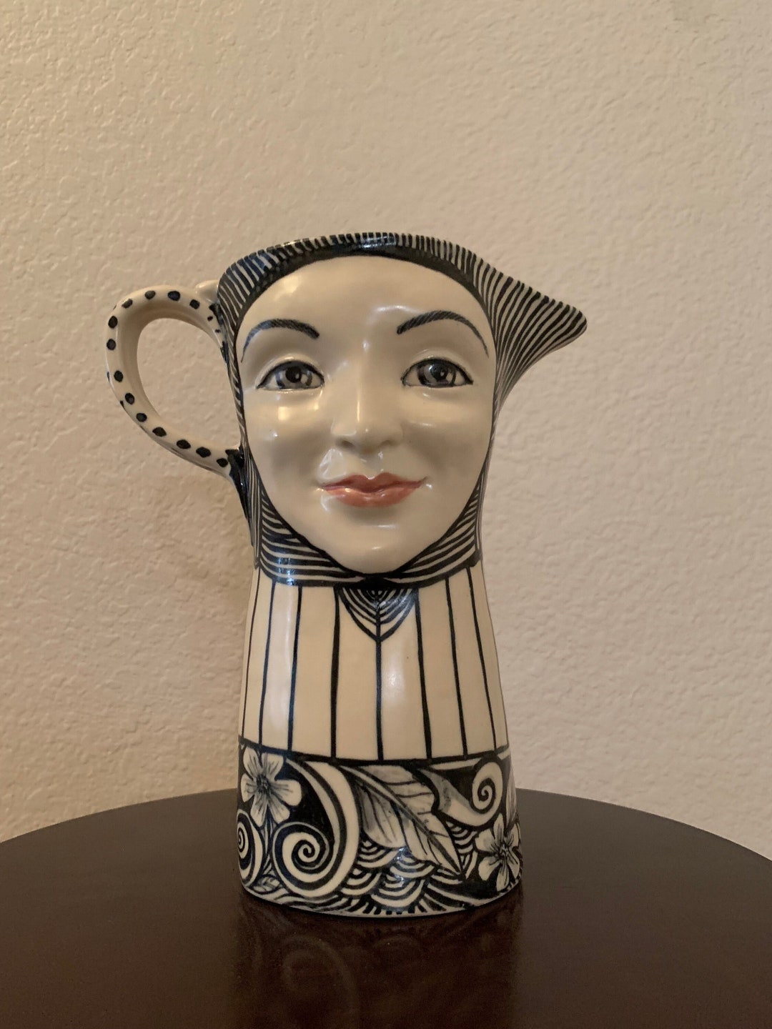 Two Face Pitcher Flower Vase Art Pottery Black & White Signed Etsy