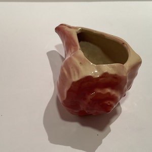 May include: A pink and white ceramic seashell planter. The planter is shaped like a seashell and has a small opening at the top for planting.