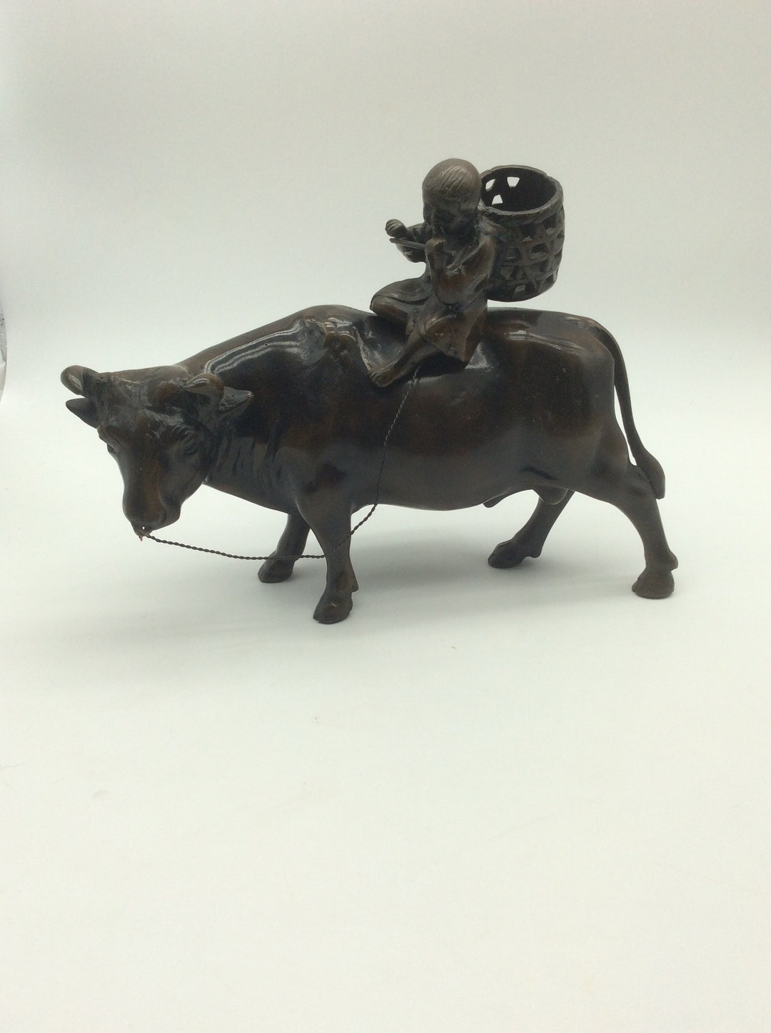 Japanese Bronze Sculpture Boy Playing a Flute on Oxen 10 Bulls