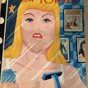 May include: The New Yorker magazine cover from June 28, 1983, features a woman with blonde hair looking in a mirror, holding a razor and shaving cream. The woman has a mustache and beard. The cover art is by Art Spiegelman.