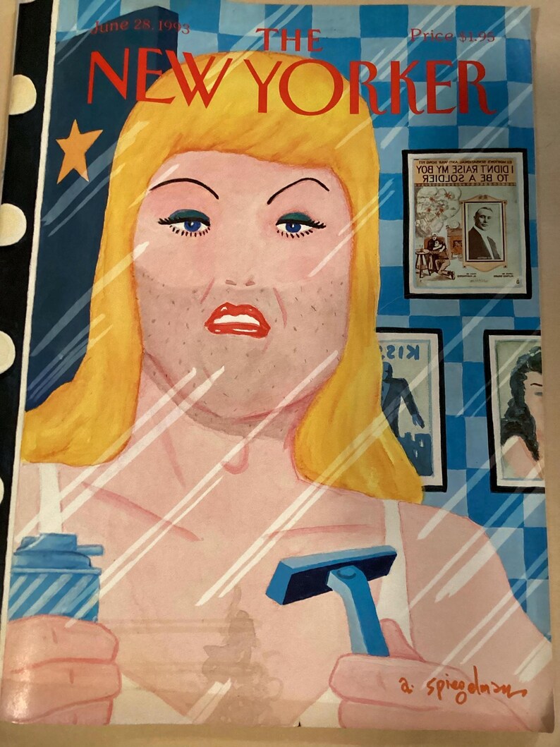May include: The New Yorker magazine cover from June 28, 1983, features a woman with blonde hair looking in a mirror, holding a razor and shaving cream. The woman has a mustache and beard. The cover art is by Art Spiegelman.