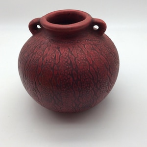 Red Textured Pottery Round Urn Vase with Handles