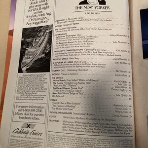 May include: A magazine cover for The New Yorker, dated June 28, 1993. The cover features a cartoon illustration of a man in a top hat and suit, holding a lit cigarette. The magazine's title is printed in bold, white letters against a black background. The cover also includes a table of contents with articles and reviews.