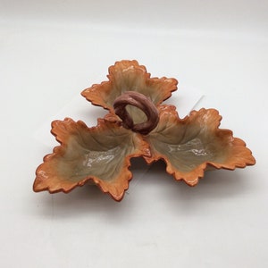 Vintage Leaf Dish With Handle Orange Brown 3 Sections