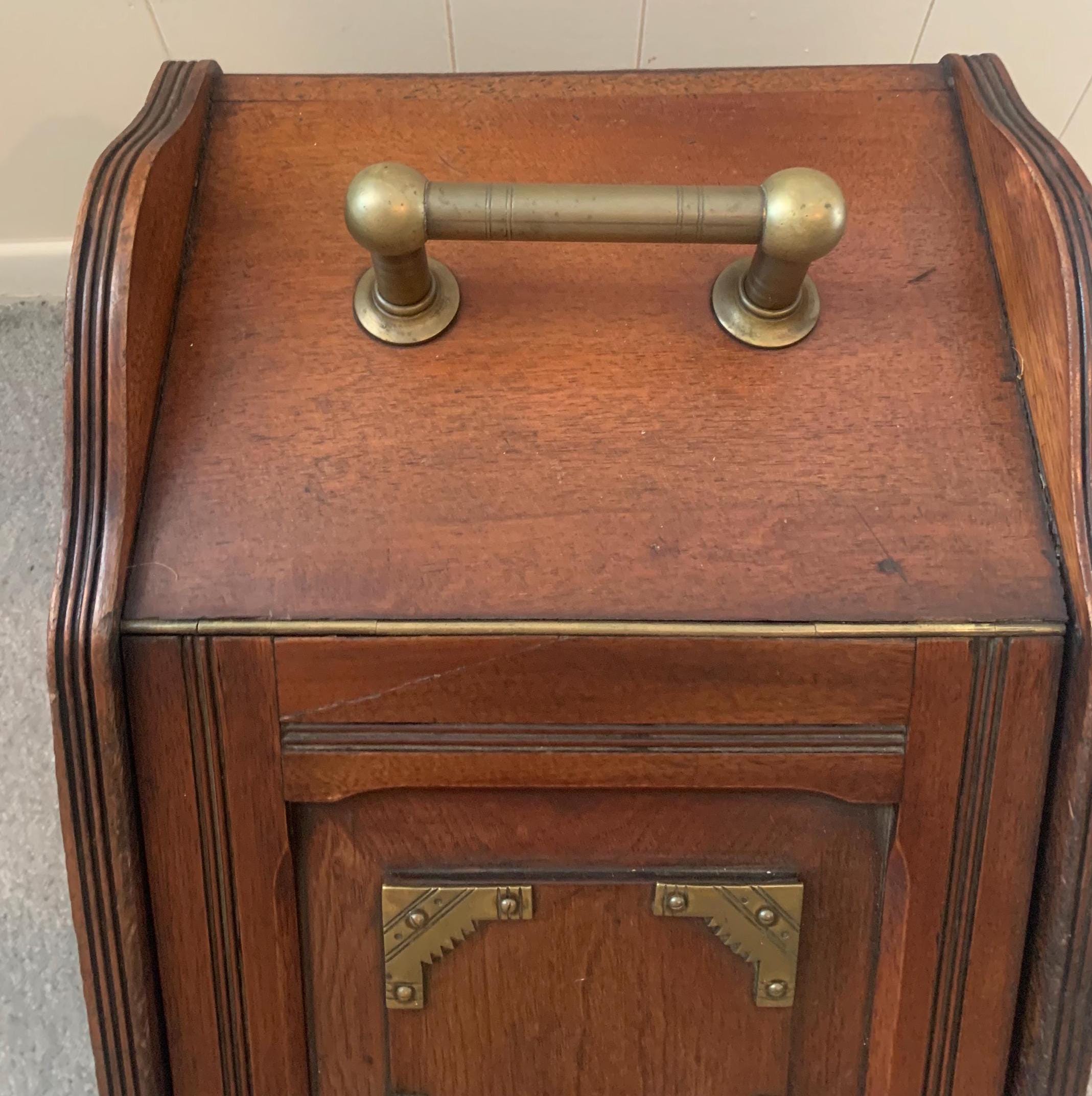 Antique Wooden Coal Scuttle Box Brass Accents - Victorian Fireplace ...