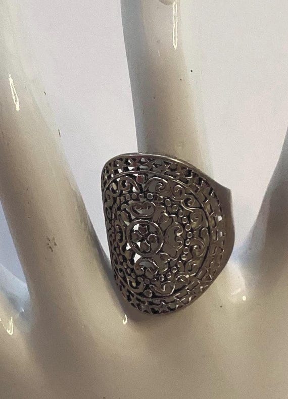 Openwork Scroll Circle Shield Ring Silver Plated … - image 3