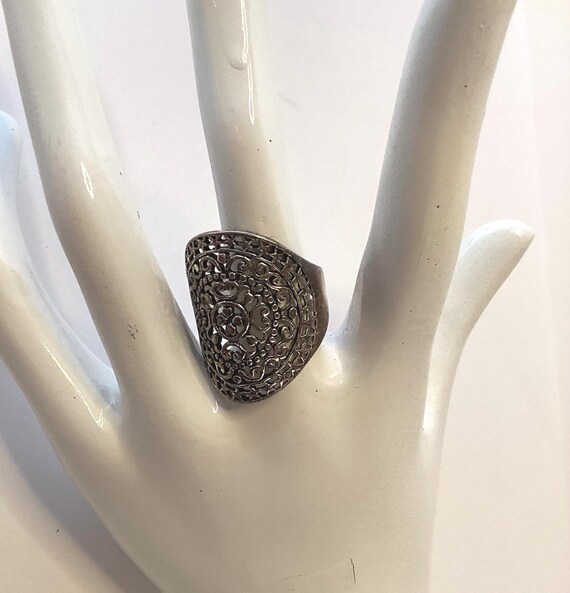 Openwork Scroll Circle Shield Ring Silver Plated … - image 2