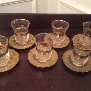 Set of 6 Vintage Glass Turkish Chia Tea Cups Gold Band and Brass Saucers