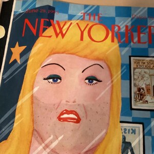 May include: The cover of a June 28, 1993 issue of The New Yorker magazine features a cartoon illustration of a woman with blonde hair and a blue checkered background. The woman has a serious expression and is wearing red lipstick. The magazine title is in red letters.