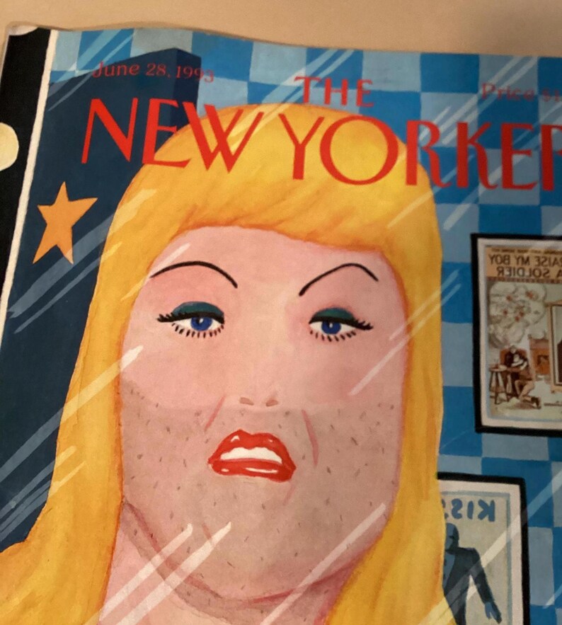 May include: The cover of a June 28, 1993 issue of The New Yorker magazine features a cartoon illustration of a woman with blonde hair and a blue checkered background. The woman has a serious expression and is wearing red lipstick. The magazine title is in red letters.