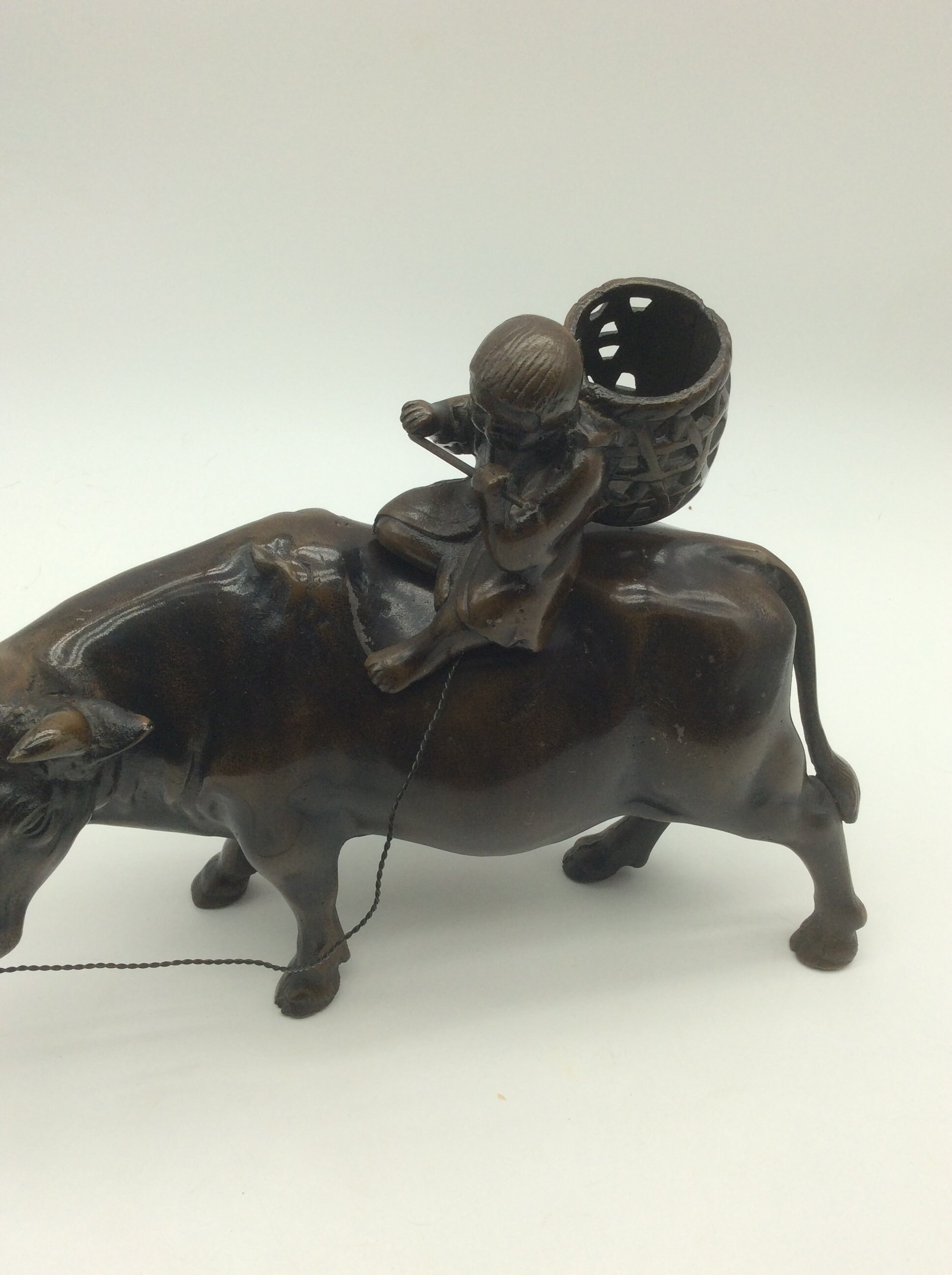 Japanese Bronze Sculpture Boy Playing a Flute on Oxen 10 Bulls