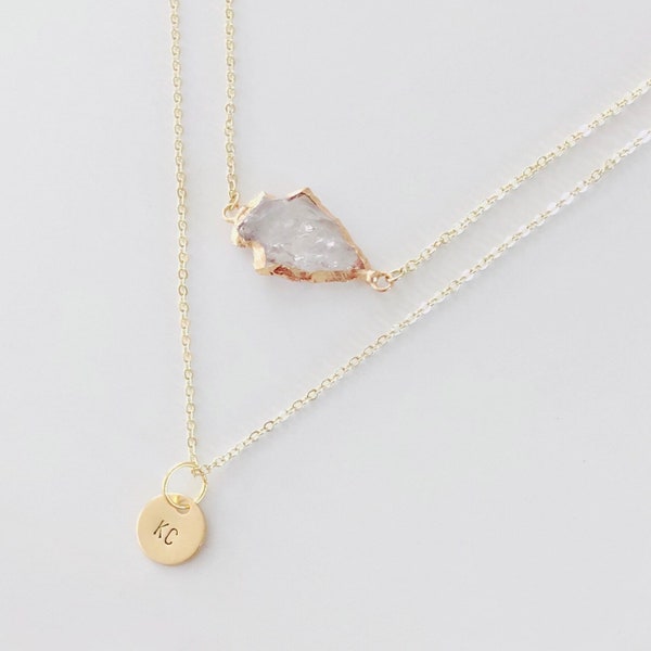 Conjunto de collar con punta de flecha inspirado en Kansas City Collar con punta de flecha con borde dorado y cuarzo transparente horizontal con dije de KC Joyas Gold Chief