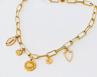 Collar con dije inspirado en Kansas City, collar con cadena gruesa de los Kansas City Chiefs, collar dorado con dije súper grande, joyería de Kansas City, plata