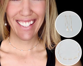 Pearl Satellite Necklace: Stainless Steel Multiple Pearl Chain, Dainty Pearl Jewelry