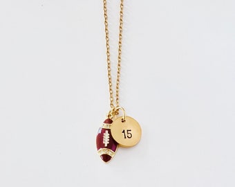 Personalized football number necklace Gold mini rhinestone football necklace Custom football jewelry Football mom necklace